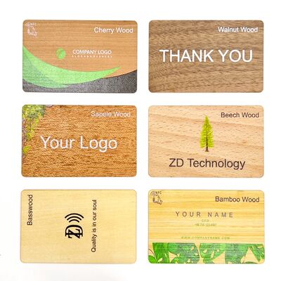 Vente directe d'usine Carte de visite en bois gravée avec logo personnalisé RFID NFC ISO14443A 13,56 MHz Carte d'identité vierge en bois NFC pour hôtel